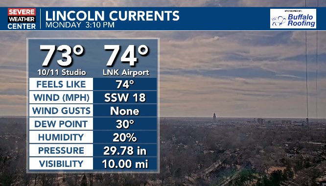 3 PM Temperature in Lincoln is 74 degrees. We have smashed the old record of 68 set in 1954.