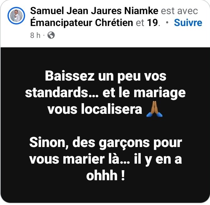 + Comment elle accepté de t'épouser ?
+ Elle a du baisser ses standards pour me choisir
Ça doit être humiliant quand même hein. Refuse d'être un choix un rabais. Aie des valeurs. Pour le reste des femmes vivent avec leur mari dans sicobois tu auras une selon tes moyens financiers