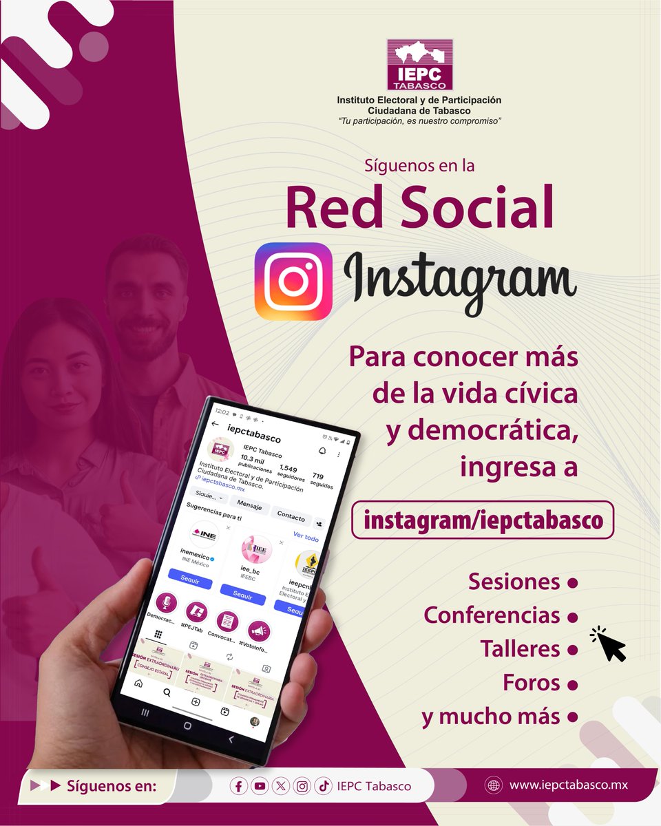 IEPCTabasco's tweet image. Para conocer más sobre la vida cívica y democrática en nuestro Estado, le   invitamos a seguirnos a través de nuestra red social Instagram.

👉 Ingresa a: https: instagram.com/iepctabasco/

"Tu participación, es nuestro compromiso"
iepctabasco.mx
#IEPCTabasco