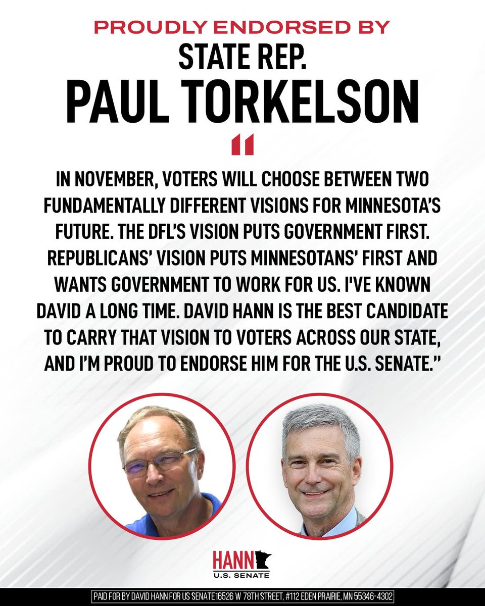I'm proud to share that my friend and former colleague Rep. <a href="/Paul_Torkelson/">Paul Torkelson</a> has endorsed our campaign. 

Thank you, Paul!