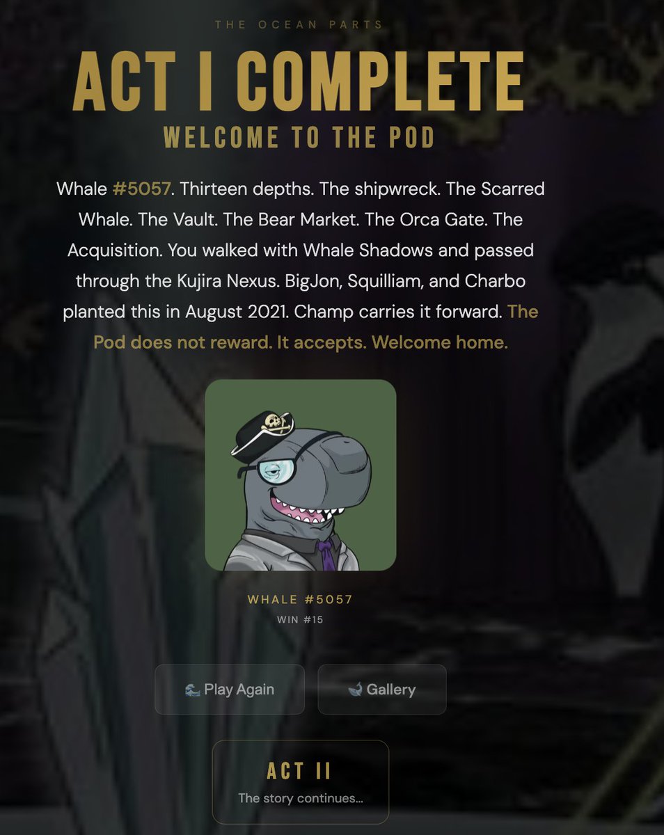 Really proud of my evolving <a href="/claudeai/">Claude</a> skills, 4th product made with Claude AI. This time I created a Bandersnatch-style interactive survival game where you play as your own <a href="/SSofWhales/">Secret Society of Whales 🐋</a> NFT (or a common whale for non-holders). 

All I used was existing lore/discord announcements,