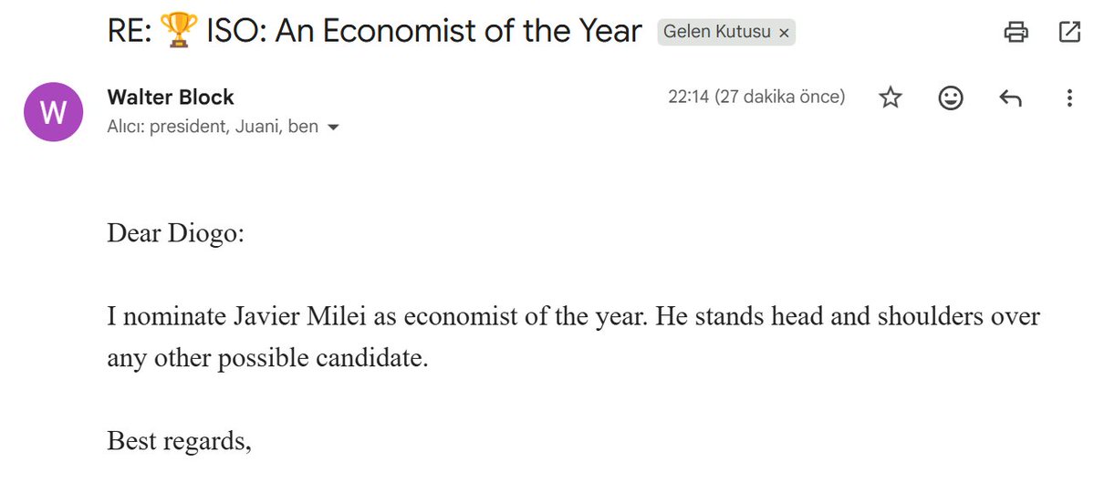 🚨 BREAKING: WALTER BLOCK NOMINATED TO JAVIER MILEI FOR ECONOMIST OF THE YEAR.