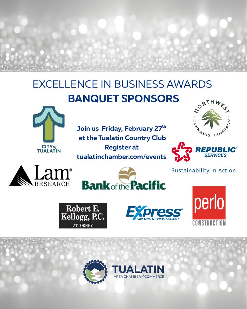 ✨ Excellence in Business Awards Banquet is on Friday, February 27th, 2026. This distinguished evening is made possible through the generous sponsors. Thank you!

🎟️ Event details and tickets:  
chamber.tualatinchamber.com/events/details…