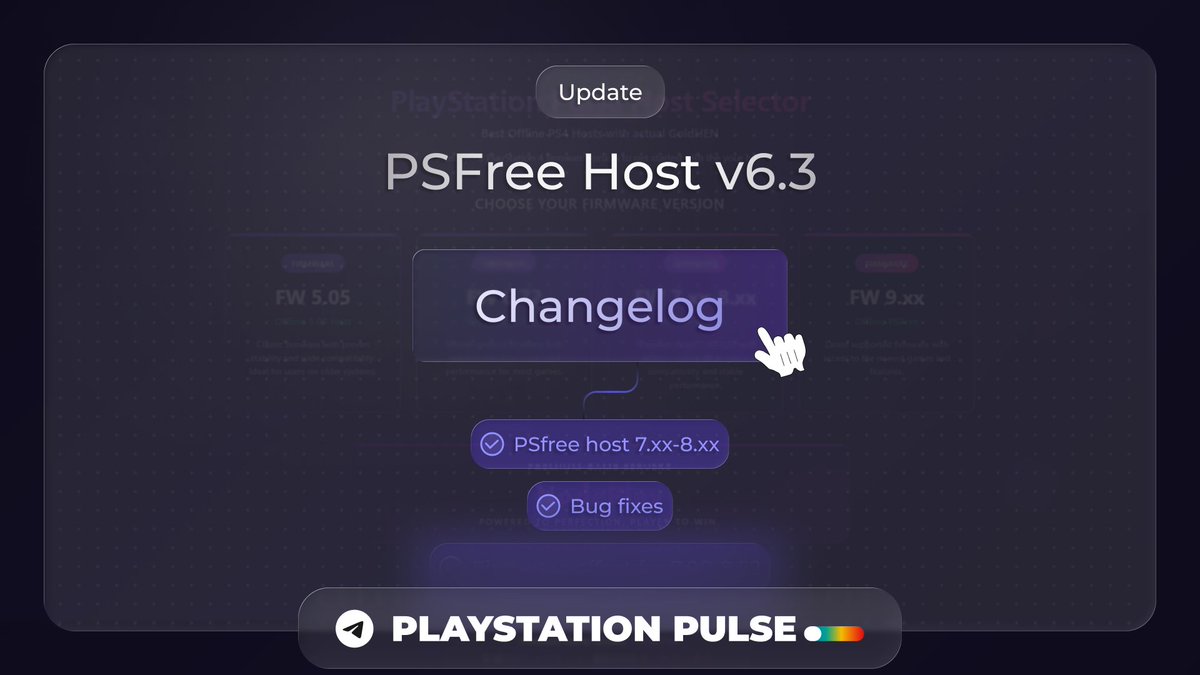 PSPulse1337's tweet image. 🚀 PSFree Host 6.3 Update!

• 7.xx-8.xx &amp;amp; 9.xx are now standalone hosts
• PSfree Lapse optimized per FW pool for max stability
• Visual bugs &amp;amp; script fixes

❗️ Clear Browser Cache &amp;amp; Cookies!

 👉🏻psx8.github.io

#ps4 #jailbreak #psfree #lapse #pspulse #psx8 #update