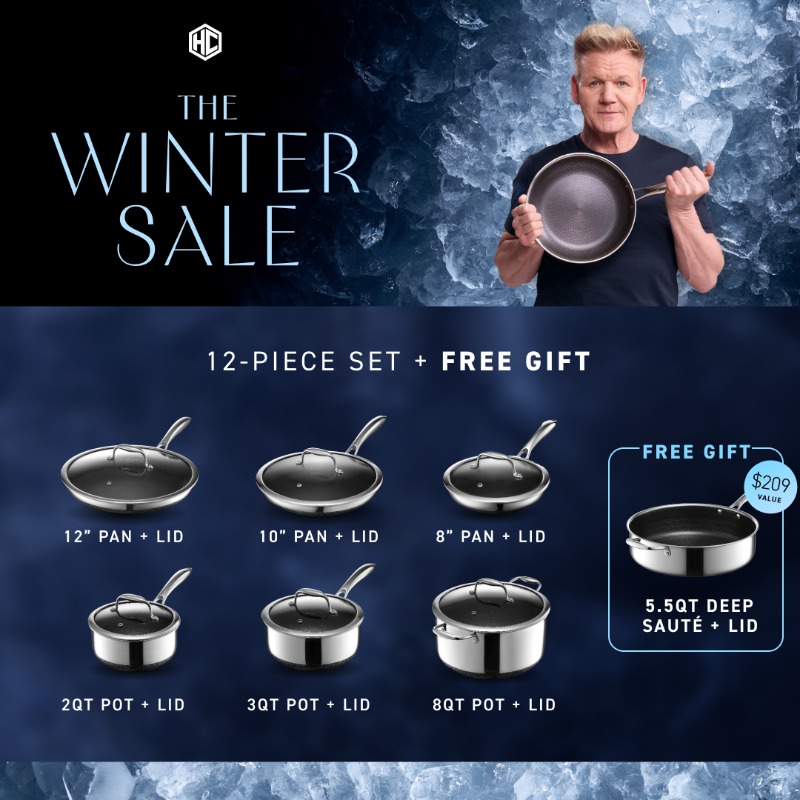 hexclad's tweet photo. Make 2026 the year of better meals by upgrading your kitchen to the original hybrid cookware that's engineered for everyday cooking and built to last a lifetime. 

For a limited time, get 42% OFF our bestselling 12-Piece Pots and Pans Set with a FREE gift valued at $209.