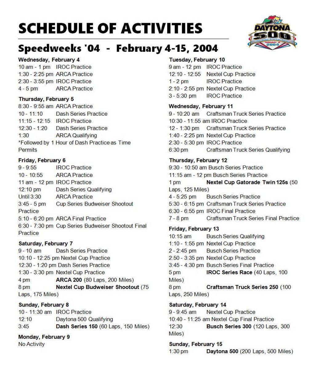 Schedule of events from Daytona 500 Speedweeks: 1978, 1987, 1995, and 2004