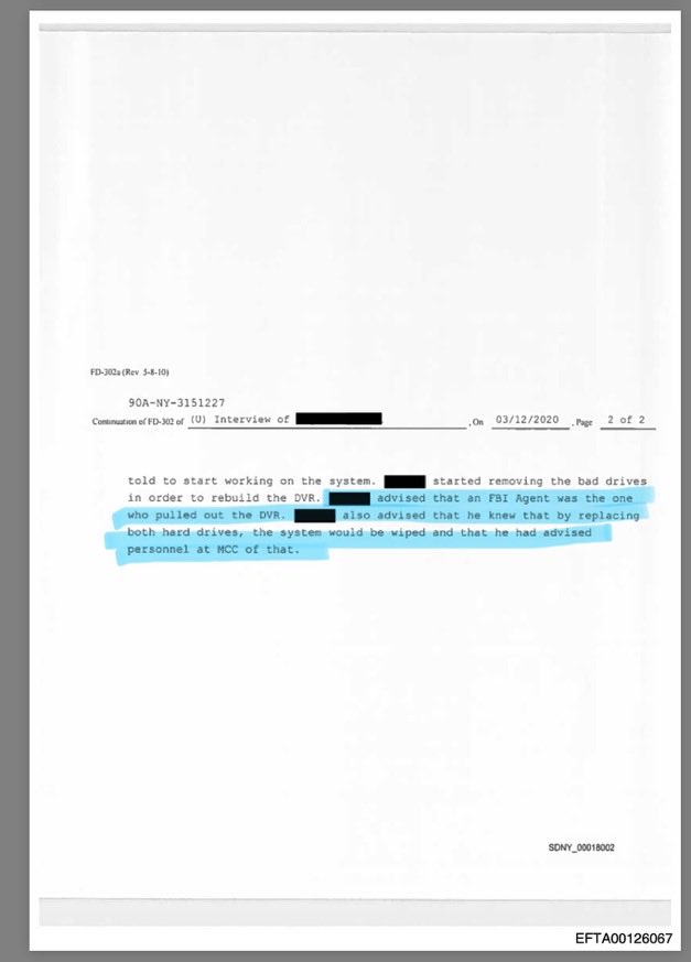 Megatron_ron's tweet photo. BREAKING:

🇺🇸 Newly released Epstein documents reveal FBI agent purposely removed hard drive from jail video recording system, intentionally erasing all prison footage during the time of Epstein’s death. https://t.co/hK3WZrJ55U
