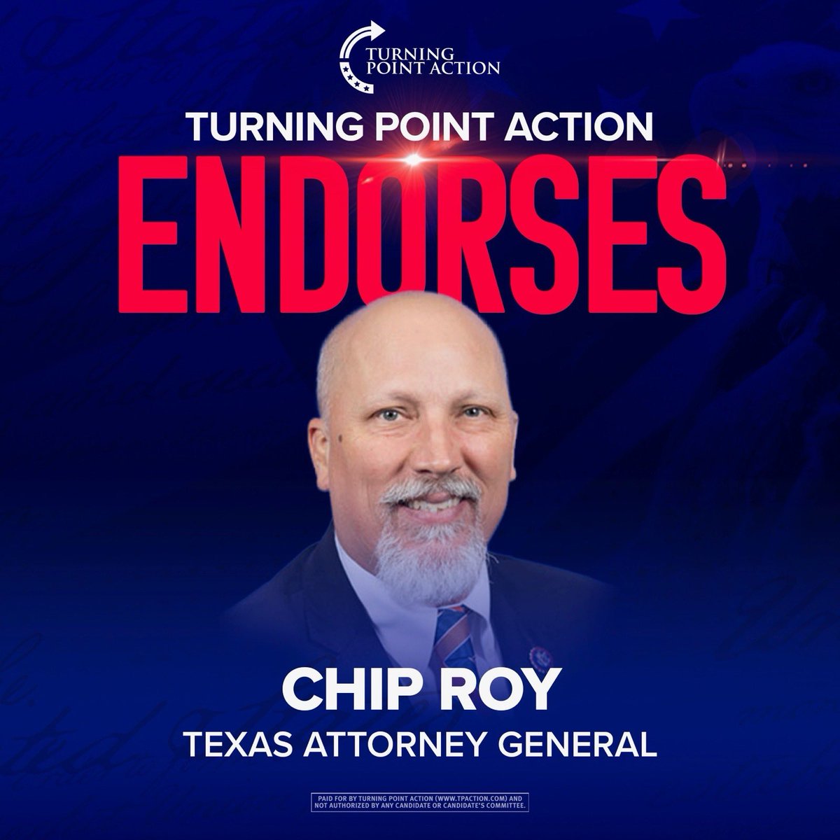 chiproytx's tweet image. Honored to have the support of Turning Point Action in the fight to defend Texas, secure our sovereignty, uphold the Constitution, and restore the rule of law.

The future belongs to Americans and Texans who refuse to back down. Let’s win. 🇺🇸@TPAction