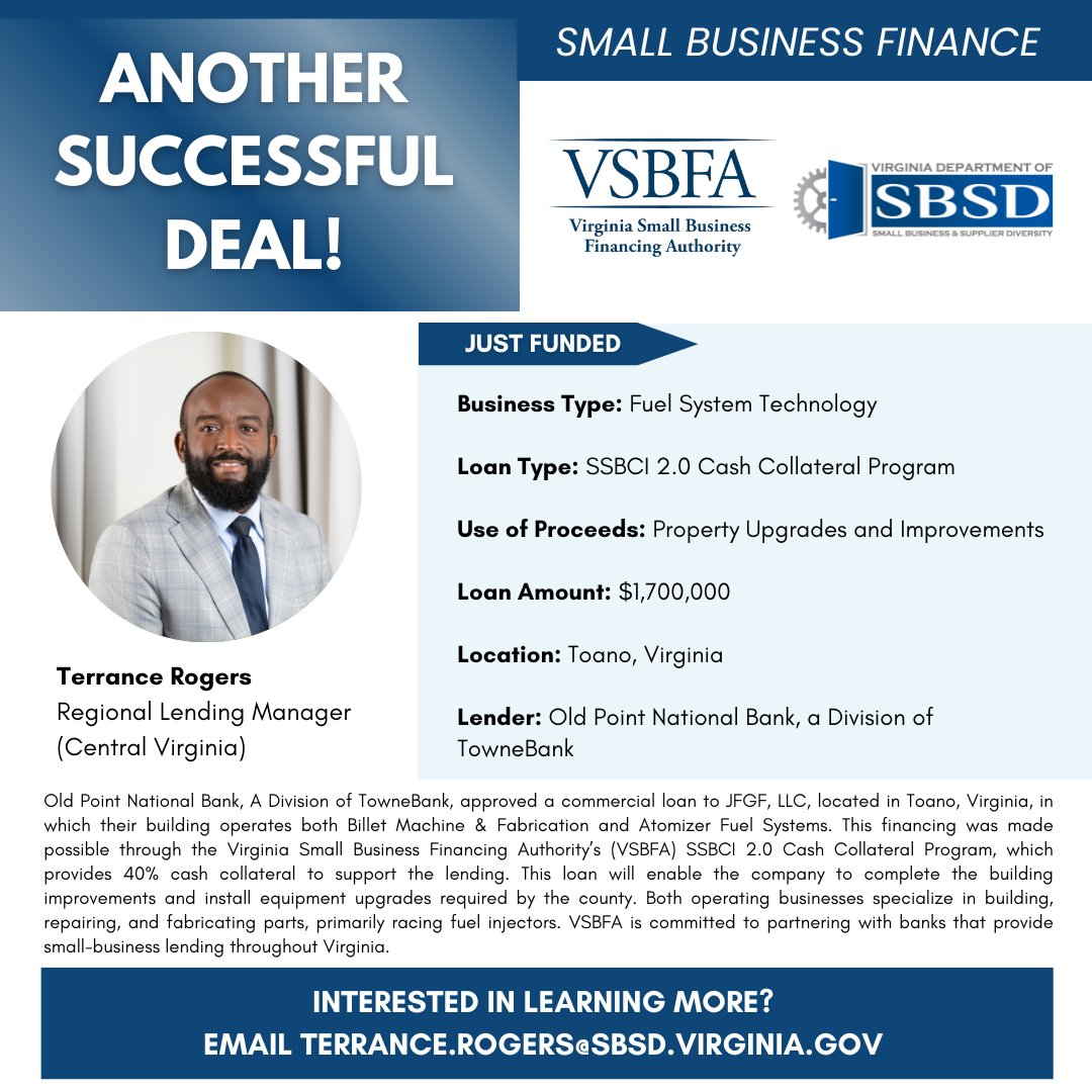 VirginiaSBSD's tweet photo. Is your business in search of financial assistance? Our friendly and knowledgeable team at VSBFA is here to help you achieve your business goals through creative financing options that will fit your unique needs. Call us today! (804) 786-1049 https://t.co/iIPlF0EeIT