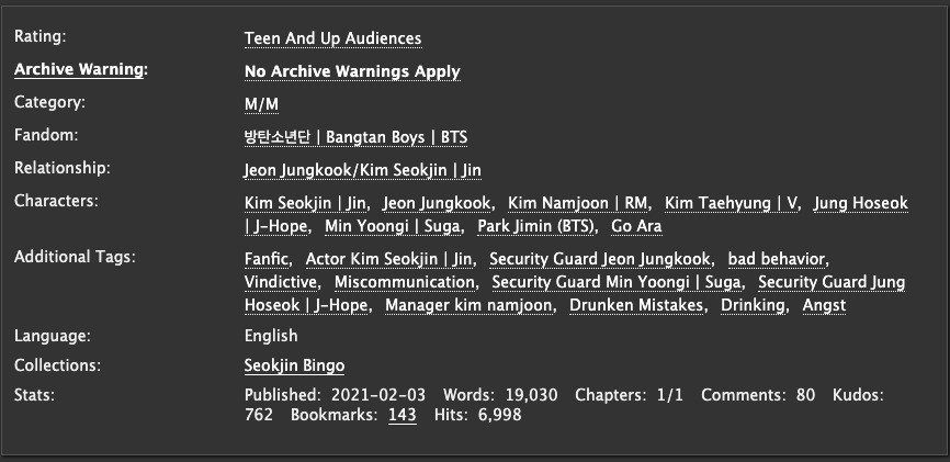 Just A Job: I Thought You Were Mine by MightBeKelly (<a href="/MightBeKellyAO3/">Might Be Kelly💜</a>)

→ teen and up audiences, 19k
→ alt. universe- sj!actor x jk!securityguard
→ miscommunication, drinking
→ angst

ao3.org/works/29172894