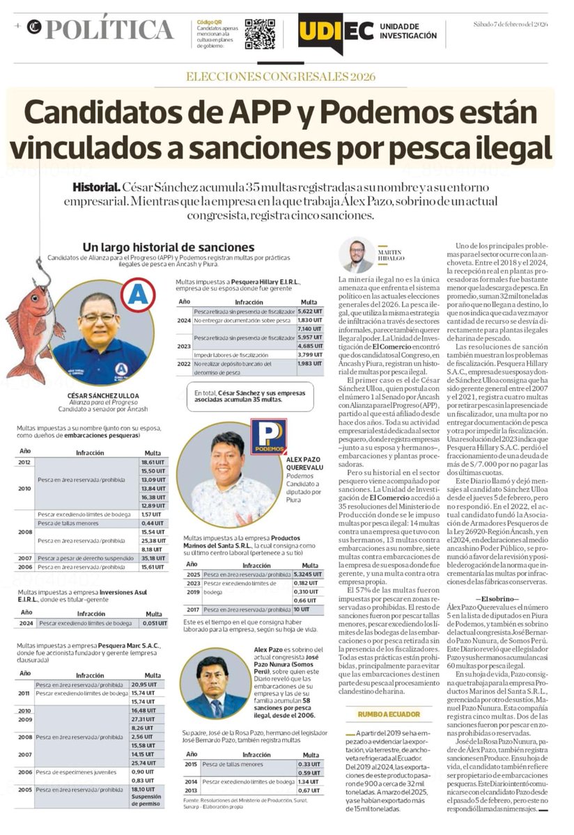 PortalPesquero's tweet photo. #LoÚltimo | La Unidad de Investigación de @elcomercio_peru reveló que dos candidatos a cargos parlamentarios están vinculados a prácticas de pesca ilegal: César Sánchez Ulloa, candidato al Senado por Alianza para el Progreso, y Alex Paso, candidato a diputado por Podemos Perú. https://t.co/HyWIh1weSU