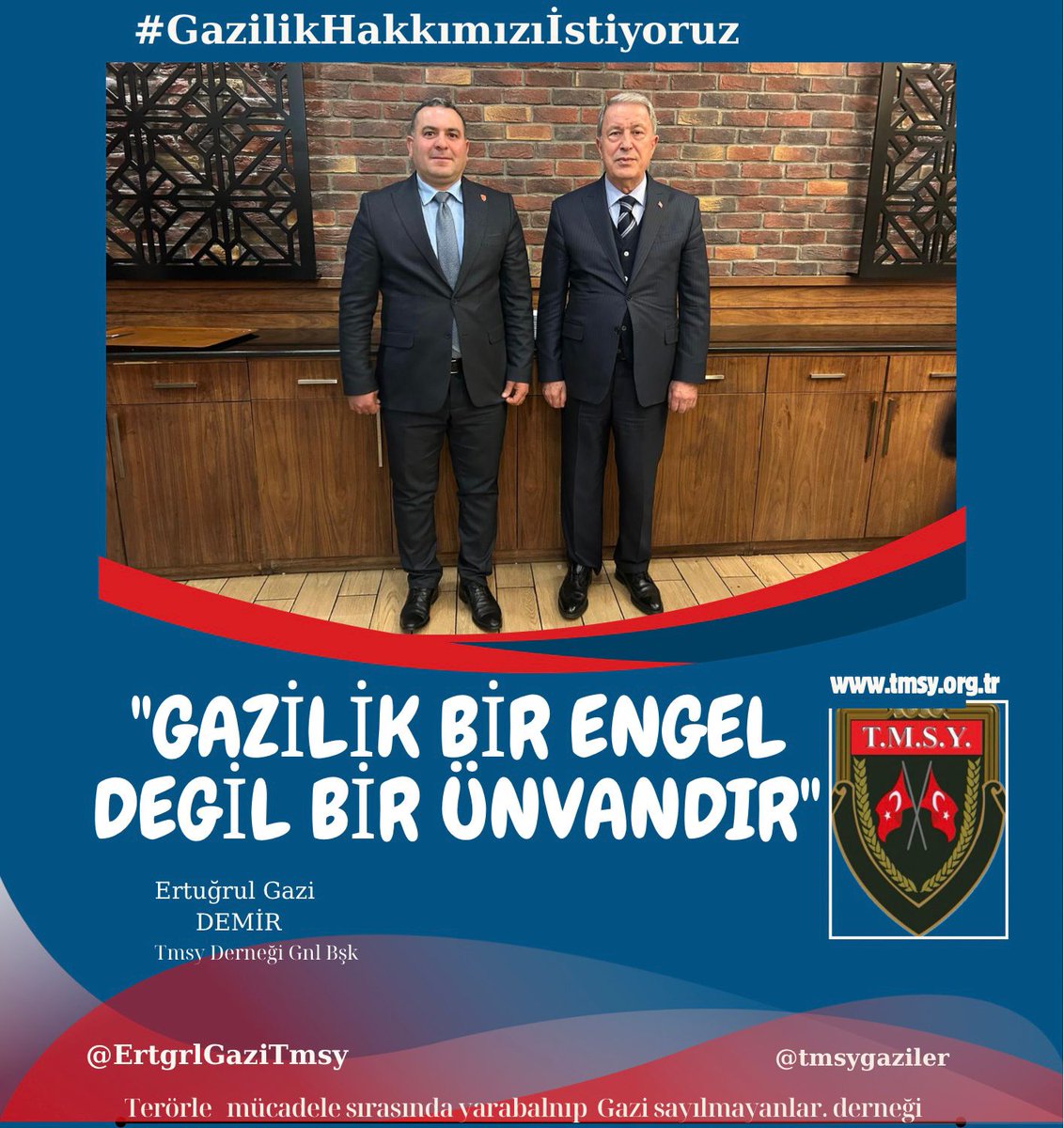 Bugün <a href="/TmsyGaziler/">T.M.S.Y GAZİ SAYILMAYANLAR</a>
Başkanımız Sn <a href="/ErtugrlGaziTmsy/">ERTUĞRUL GAZİ DEMİR</a>
<a href="/tcsavunma/">T.C. Millî Savunma Bakanlığı</a> komisyonun davetlisi olarak çalışmaya katılmıştır.
Bu akşam  yapılan toplantıda Hazırlanan Kanun Teklifi ile ilgili bilgilendirme ve Görüş alışverişi yapılmıştır.
<a href="/TmsyGaziler/">T.M.S.Y GAZİ SAYILMAYANLAR</a> vatan evlatlarının herzaman yanında olan ve