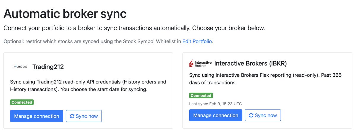 Digrin now supports automatic broker sync on <a href="/Trading212/">Trading 212</a> in read-only mode. Compared to <a href="/IBKR/">Interactive Brokers</a>,  tokens don't have to be regenerated annually.