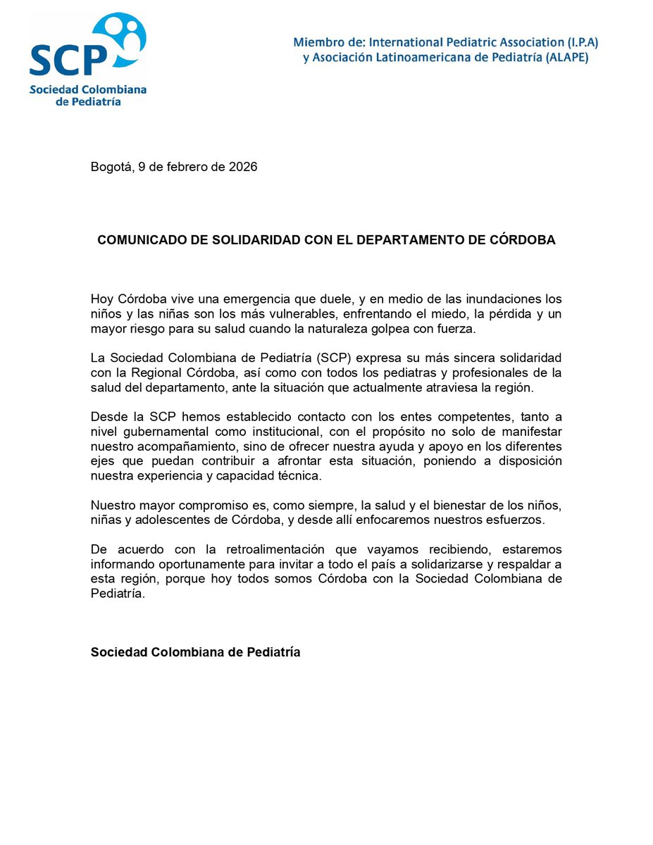 🤍 Hoy todos somos Córdoba 🤍

Desde la Sociedad Colombiana de Pediatría expresamos nuestra solidaridad con el departamento de Córdoba ante la emergencia por inundaciones 🌧️🌊.

Nuestro compromiso es con la salud y el bienestar de niños, niñas y adolescentes 🧒🏽👧🏽💙.