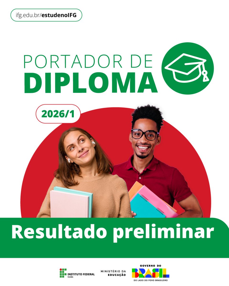 O Centro de Seleção do IFG divulgou nesta segunda, 9, o resultado preliminar da seleção 2026/1 para portadores de diploma.
Os candidatos que quiserem apresentar recursos contra o resultado preliminar podem fazê-lo, nesta terça, 10.
Confira: selecao.ifg.edu.br/downloads/cod2…
