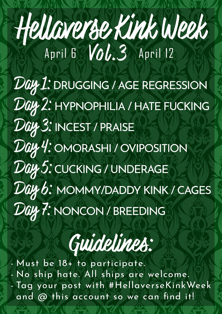 HellaverseKinkW's tweet photo. Here are the prompts for the third #HellaverseKinkWeek!

It's taking place from April 6th through April 12th.
You can join in with fanart, fanfic, or whatever creative medium you prefer. Don't forget to use the # AND tag us!

This is an 18+ event, minors will be blocked. https://t.co/1k8glmQstK