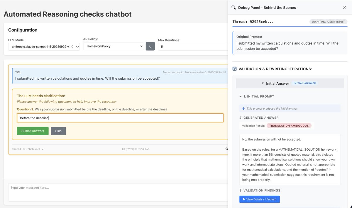 What if your chatbot could explain its reasoning with mathematical proof? 💡🔐📐

Follow this reference to use Automated Reasoning checks to iterate on chatbot responses with precise answers &amp; verifiable proofs. #AWS #AutomatedReasoning #AmazonBedrock

👉 go.aws/4aot0us