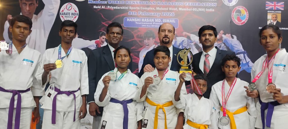 WTLFoundation's tweet photo. 31st Euro-Asia International WFSKO Open Karate Championship held at Mumbai (Mulund West), Priyadarshini Sports Complex on 08/02/2026

We are happy to share the tournament results of our
We The Leaders Foundation Karate Team students.

Participating Countries:
1.Saudi Arabia
2.England
3.Sri Lanka
4.Mauritius
5.Netherlands
6.Malaysia
7.Nepal

The only team from Tamil Nadu was our
We The Leaders Foundation Karate Team.

Individual Results:
1.S. Pradeep – Age Group: 18–19 & 20
Gold Medal (Kata)
Bronze Medal (Kumite)
2.S. Harshini – Age Group: 16–17
Silver Medal (Kata)
Bronze Medal (Kumite)
3.D. Devaprarthanaasree – Age Group: 16–17
Silver Medal (Kata)
4.T. Cheralathan – Age Group: 16–17
Silver Medal (Kata)
5.M. Santhosh – Age Group: 10–11
Silver Medal (Kata)
6.D. Siranjeevi – Age Group: 10–11
Silver Medal (Kata)
7.S. G. Samrakshan – Age Group: 5–6 & 7
Silver Medal (Kata)

Overall Result:

Gold Medal: 01
Silver Medal: 06
Bronze Medal: 02

Tournament Official Award received by our Trainer
J. Dineshkumar

#WFSKO
#EuroAsiaKarateChampionship
#InternationalKarate
#KarateChampionship
#TamilNaduKarate