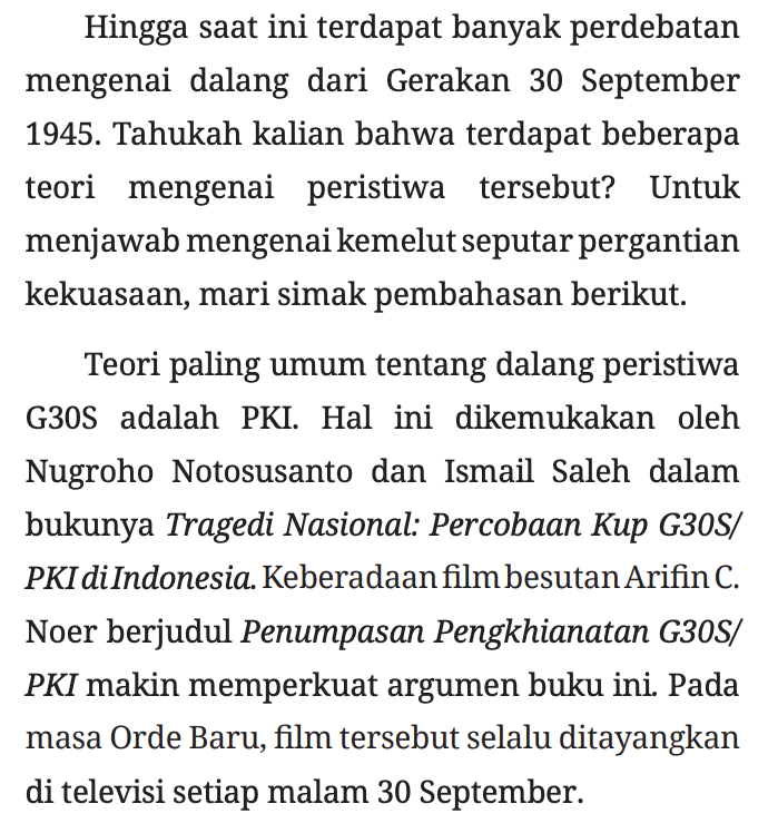 Iseng melihat buku sejarah kelas 12 di website Kemendikdasmen:

- 30 September 1945???
- Film bisa memperkuat argumen buku propaganda pemerintah???

Baru dua paragraf langsung pusing.