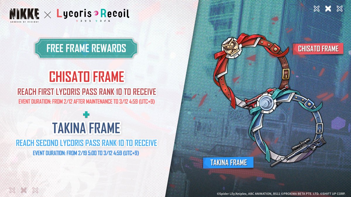 【Collaboration Event Preview】

「GODDESS OF VICTORY: NIKKE」x「Lycoris Recoil」 Collaboration Limited Avatar Frames are coming soon!

During the event period, the Lycoris Recoil Limited Avatar Frames will be claimable after achieving Rank 10 in Common Reward in the FIRST