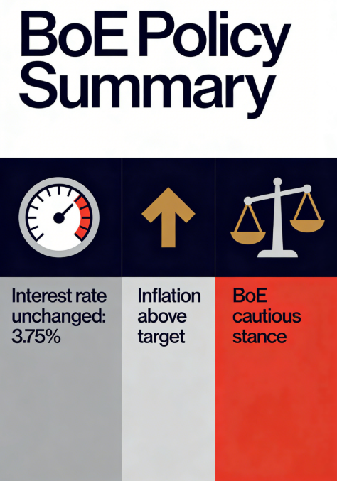 macro_pulse's tweet photo. Bank of England keeps its base interest rate at 3.75% as inflation remains stubbornly above target. The BoE signals a cautious stance, balancing price pressures with economic activity. 🇬🇧📊 
#BankOfEngland #InterestRates #Inflation #UKEconomy https://t.co/M6JMM2lnga