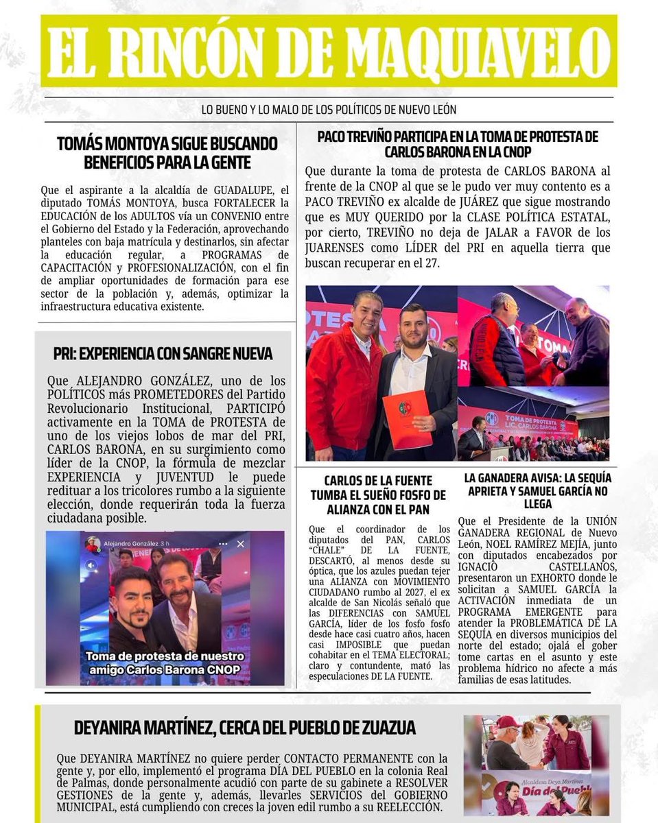 Como todos los días, te compartimos lo más relevante de la política a través de nuestra Infografía que denominamos “lo bueno y lo malo” 

En esta edición te contamos que:

Sale Mariana Rodríguez (<a href="/marianardzcant/">Mariana Rodriguez</a>) en primer lugar en encuestas de El Norte

Andrés Mijes