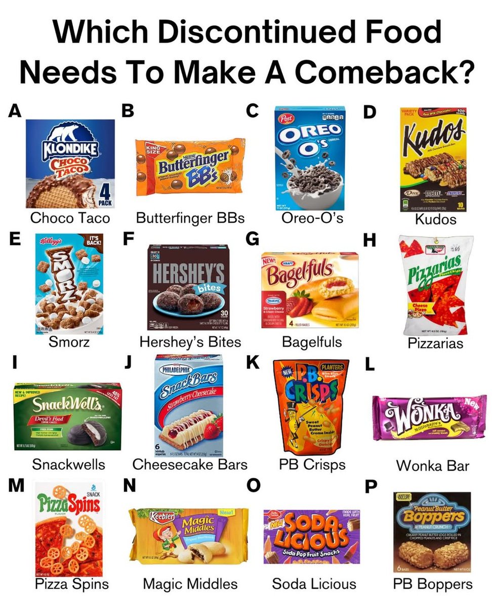 conquertheno's tweet photo. Which discontinued snack are you bringing back? https://t.co/whd1VxMDAs
