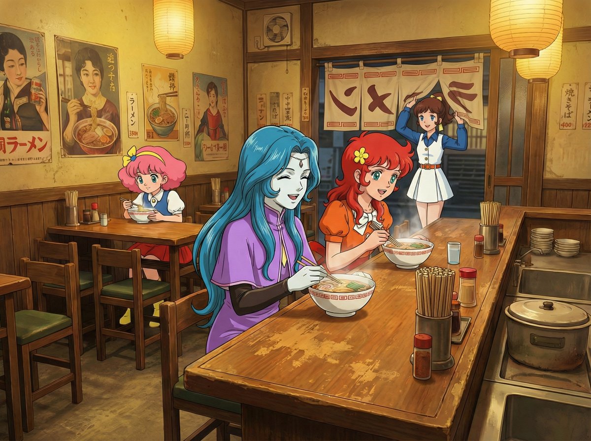 ラーメンを食べる特殊能力を持つ3人の少女。