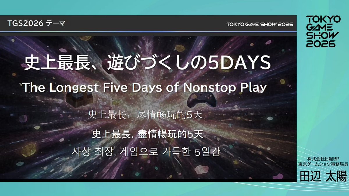 「東京ゲームショウ2026」今年のテーマは「史上最長、遊びづくしの5DAYS」に決定
news.denfaminicogamer.jp/news/260210j

30周年となる今回は、史上初の5日間開催に。9月17日（木）から9月21日（月・祝）まで幕張メッセにて開催される。来場者向けに30周年の記念企画も実施