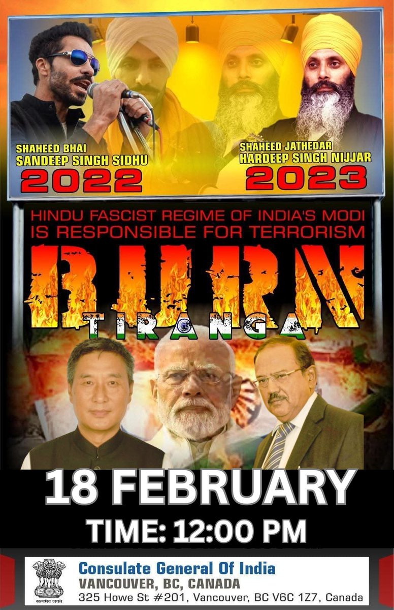 🔥 KHALISTAN FREEDOM RALLY 

🔥INDIAN CONSULATES ARE THE EPICENTERS OF ESPIONAGE, SPY NETWORKS &amp; ASSASSINATIONS. 

🔥ASSASSINATION SHAHEED NIJJAR AND  SHAHEED DEEP SIDHU 

🔥18 FEBRUARY 2026 

🔥TIME 12:00 PM 

🔥Consulate General of India
325 Howe St #201, Vancouver, BC V6C 1Z7