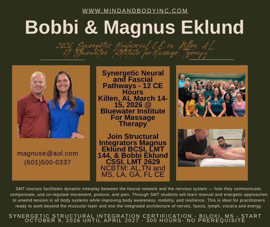 Join us for Synergetic Myofascial CE in Killen AL at Bluewater Institute March 14-15, 2026! #bobbiandmagnus #bluewaterinstitute #killen #alabama