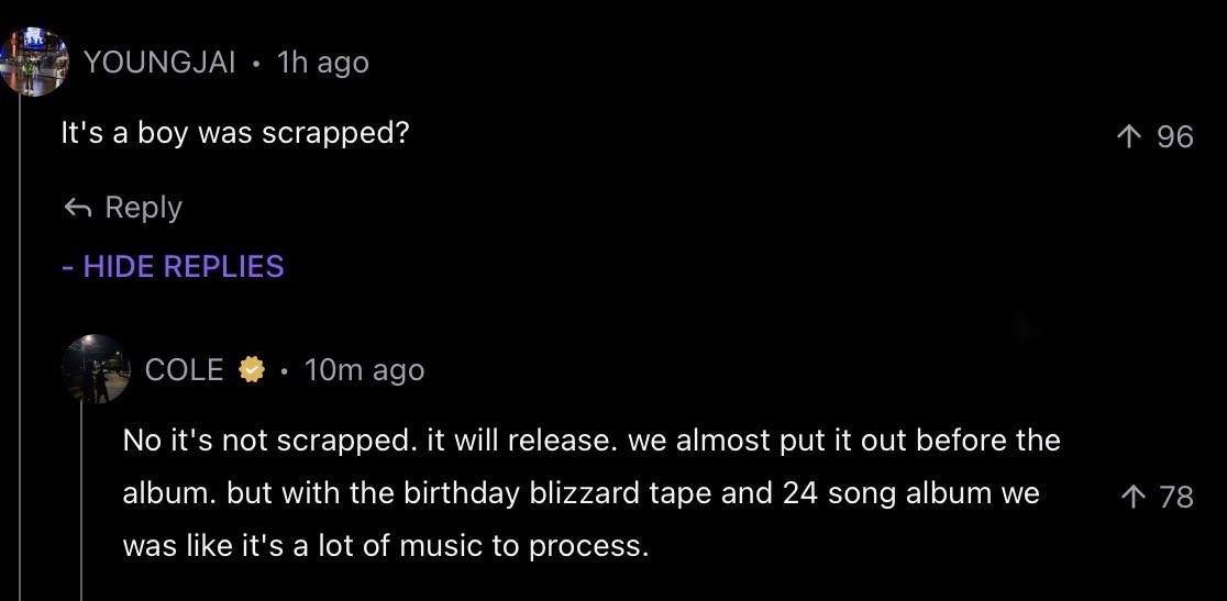 gothamhiphop's tweet photo. J. Cole says ‘It’s a Boy’ exists and will be released 🤯

“It will release. We almost put it out before the album…but we was like it’s a lot of music to process.” https://t.co/BVXWi6NPRT