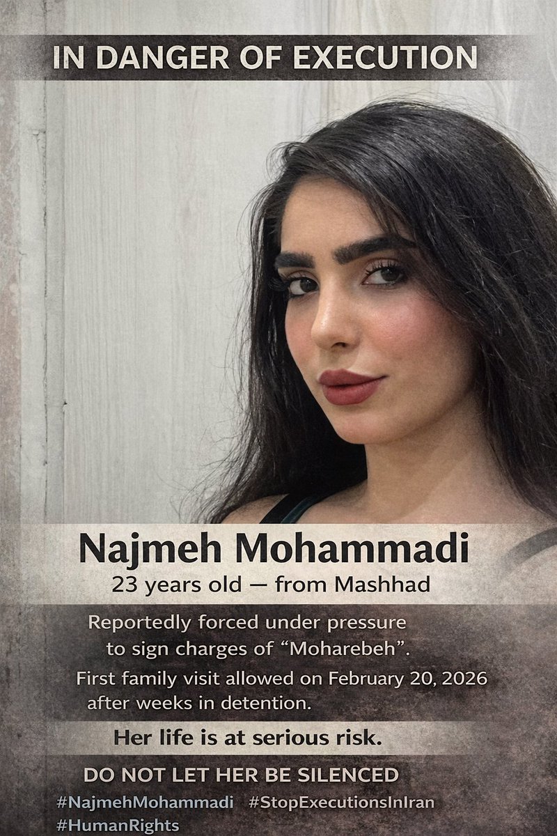 AMIRKABIRbozorg's tweet image. ضرب و شتم کردند
تا برگه‌ی «محاربه» را امضا کند.
امروز، ۱۴۰۴/۱۱/۲۰
برای نخستین‌بار پس از بازداشت، به خانواده‌اش اجازه ملاقات دادند.
ملاقاتی که هیچ‌کس نمی‌داند آیا آخرین دیدار خواهد بود یا نه…
#نجمه_محمدی
نجمه محمدی، ۲۳ ساله، اهل مشهد،
در خطر جدی اعدام قرار دارد.
اتهامی سنگین،