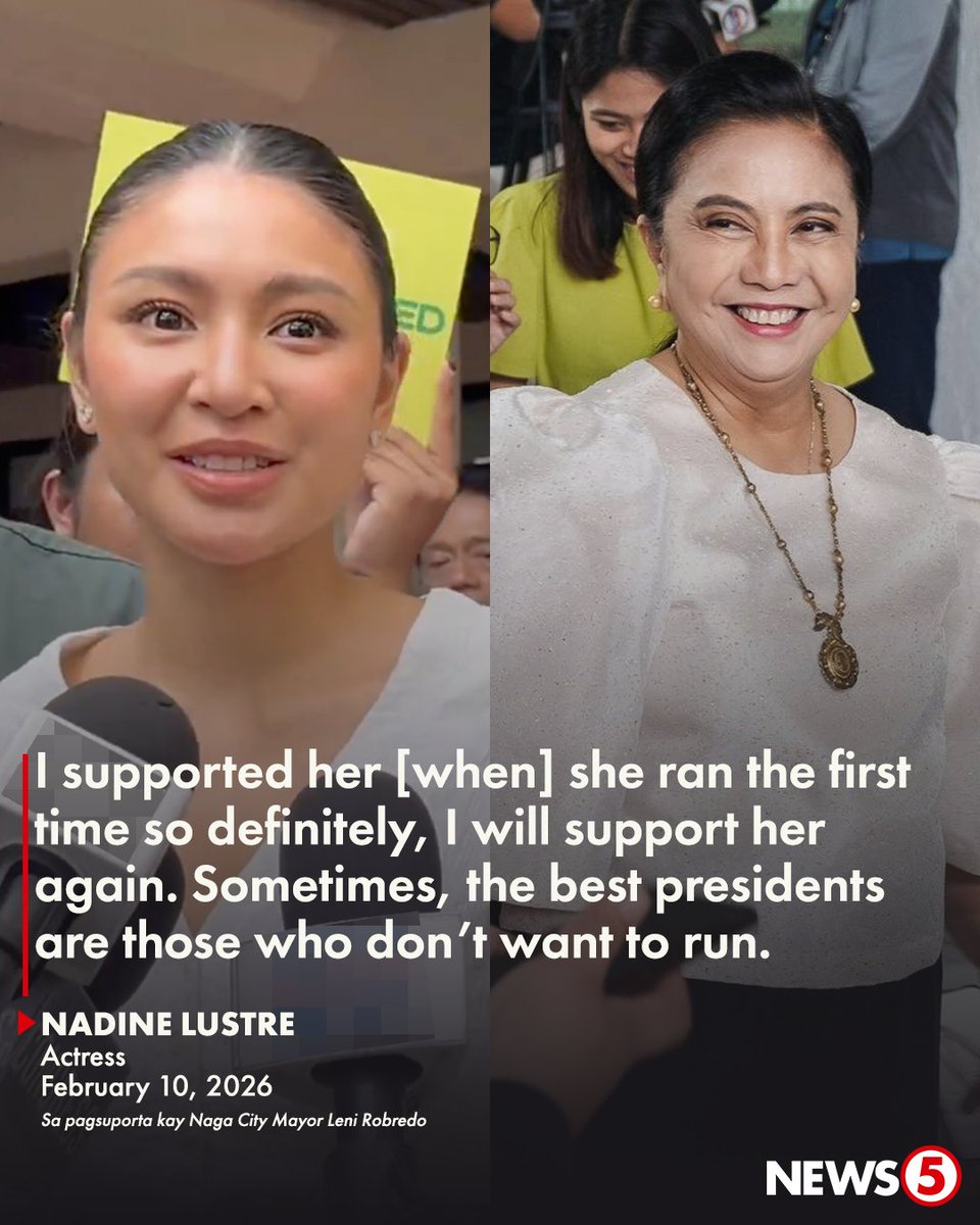 News5PH's tweet photo. SUPORTADO NI ‘PRESIDENT NADINE’

Tiniyak ng aktres na si Nadine Lustre na susuportahan niya ulit si Naga City Mayor Leni Robredo sakaling tumakbo itong presidente sa 2028 elections.

“For me, she’s really the best candidate for the presidency,” saad ni Lustre sa isang panayam ngayong Martes, Feb. 10. | via Marianne Enriquez