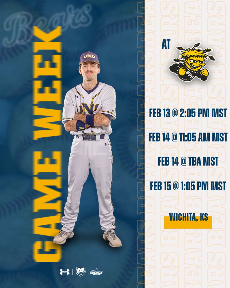 𝘽𝙞𝙜 𝙣𝙚𝙬𝙨...𝙄𝙏'𝙎 𝙂𝘼𝙈𝙀 𝙒𝙀𝙀𝙆 ⚾

🆚 Wichita State
📆 Feb. 13-15
🏟️ Tyler Field
📍 Wichita, Kans.

#BearCountry