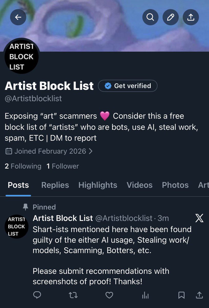 ZyaLunaraVT's tweet image. Okay so I made the @Artistblocklist page where people can report “Art” scammers, bots, AI “artists”, work thief’s, etc and easily block them. That way if they change their username, it still applies!

If any moots wanna admin lmk! &amp;lt;3