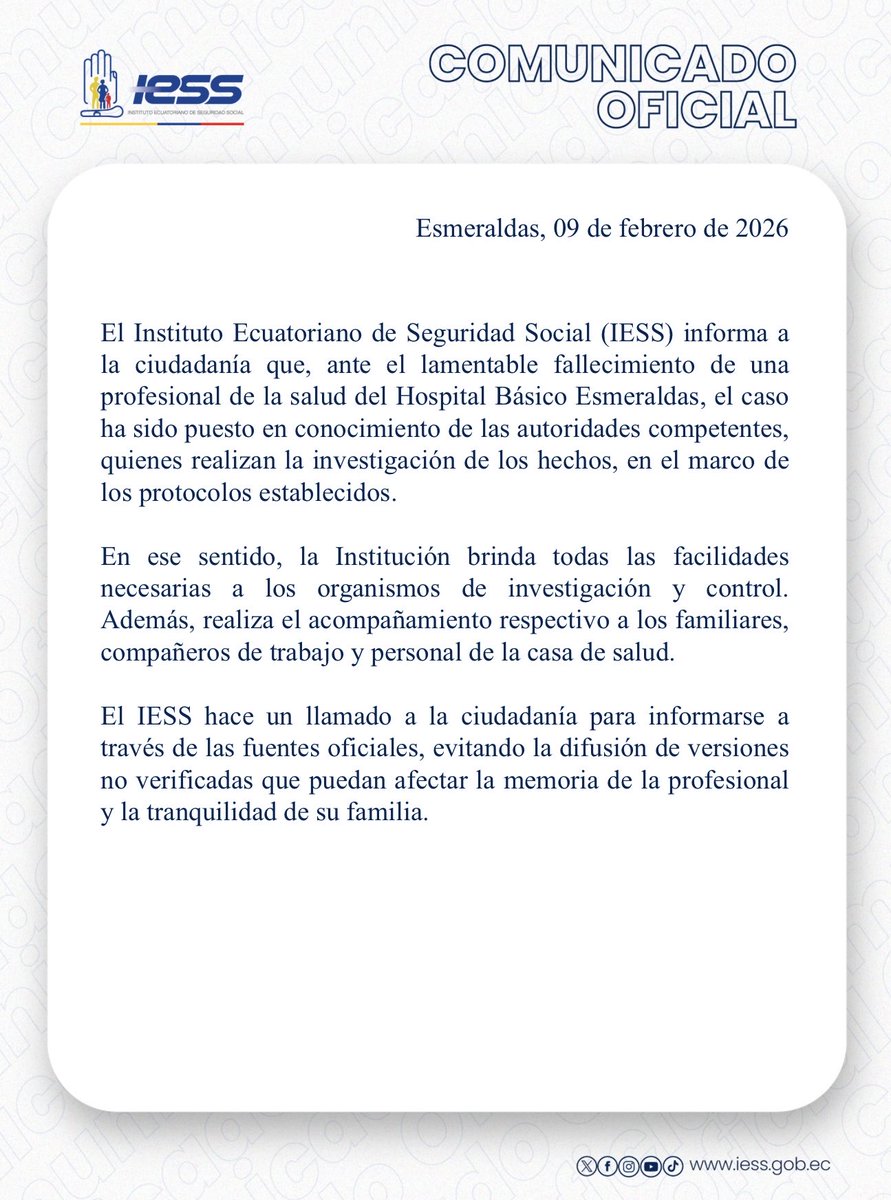 IESS_Esmeraldas's tweet image. #ComunicadoIESS | Ante el fallecimiento de una profesional de la salud del 🏥 Hospital Básico Esmeraldas, informamos que el caso está en manos de las autoridades competentes. 

🙌🏻Brindamos acompañamiento a su familia y pedimos informarse solo por canales oficiales.