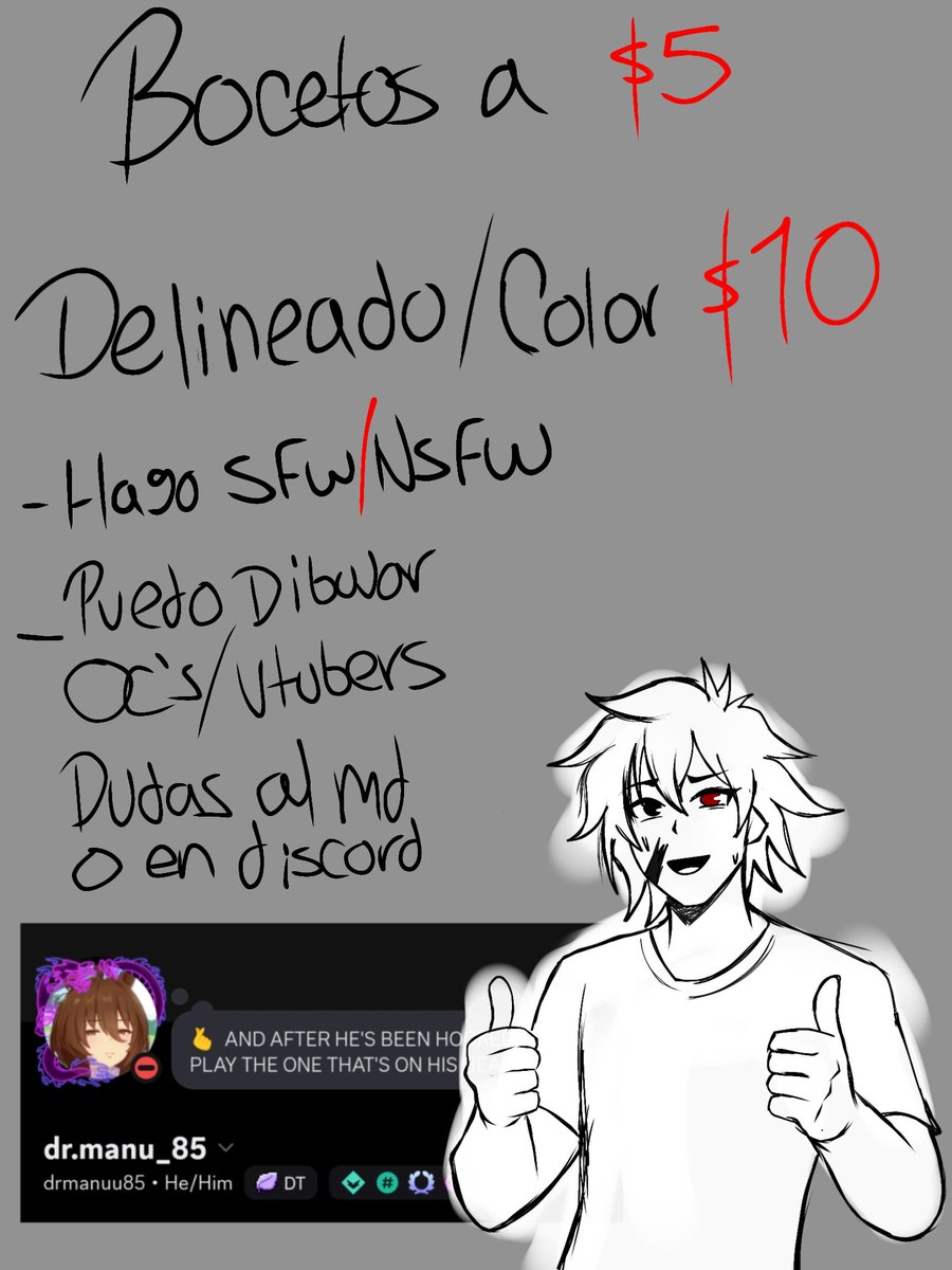 Tengo comisiones de puro boceto chavos, debido a uno que otro gasto de emergencia me surgió hoy...así que si gustan apoyarme, hablen por md o en discord :]

#comissionsopen #comisionesabiertas