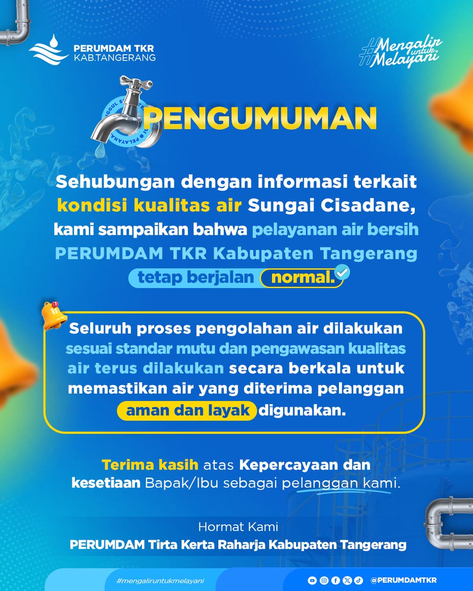 perumdamtkr's tweet photo. Sehubungan dengan informasi terkait kondisi kualitas air Sungai Cisadane, kami sampaikan bahwa pelayanan air bersih PERUMDAM TKR Kabupaten Tangerang tetap berjalan normal
โ
#PERUMDAMTKR #PDAM #PDAMKabupatenTangerang https://t.co/dpE9SxVwXr