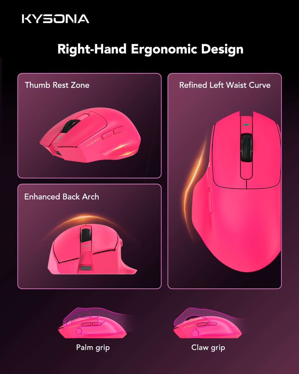 KYSONAOfficial's tweet image. Comfort in every curve ✨

Thumb rest + narrowed waist + raised back arch
Natural control for every session 🎮

Palm or claw — play your way

🔥 Launch deal: 60% OFF

👉 shop.kysona.com/products/kyson…

#KYSONA #KysonaSaturn #GamingGear #GamingMouse
