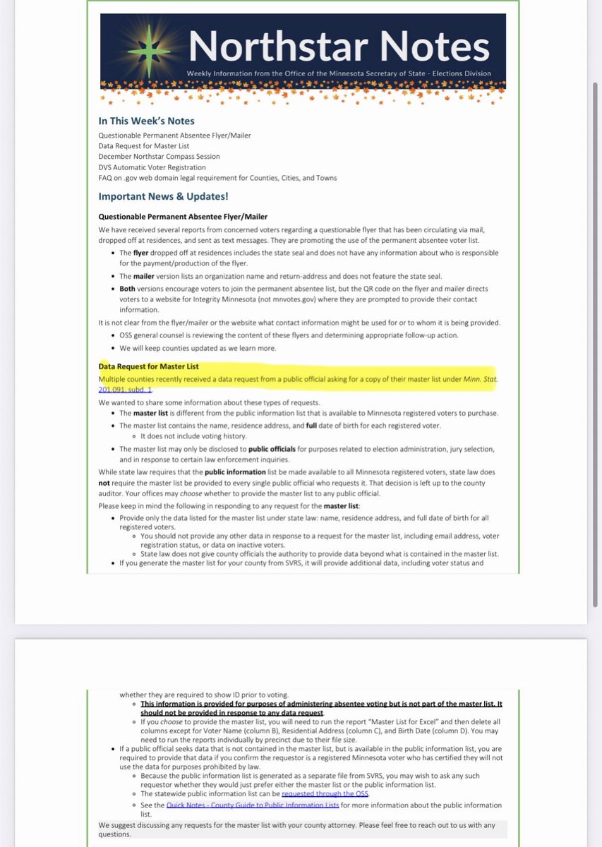 🚨MN VOTER ROLLS🚨

What is Steve Simon hiding from the Feds?

<a href="/PamAltendorf/">Rep. Pam Altendorf</a> submitted data requests to get access to the Master Lists of voters. 2 days later MN SoS Steve Simon sent out a directive, attempting to limit the exposure of that voter data. 

However, Altendorf got