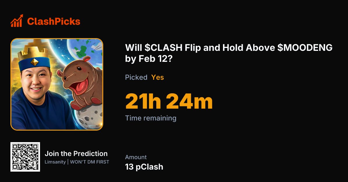 ClashPicks's tweet photo. MARKET WATCH: FLIP SEASON? 👀

Will @GeorgePlayClash $CLASH flip and hold above @MooDengSOL $MOODENG by Feb 12?

Clock’s ticking.
Momentum’s building.

Predict with pClash (free) or Clash
pClash - https://t.co/9bW0mcRzj5
Clash - https://t.co/xtLWAVLwWz https://t.co/BYLFhNUm6k