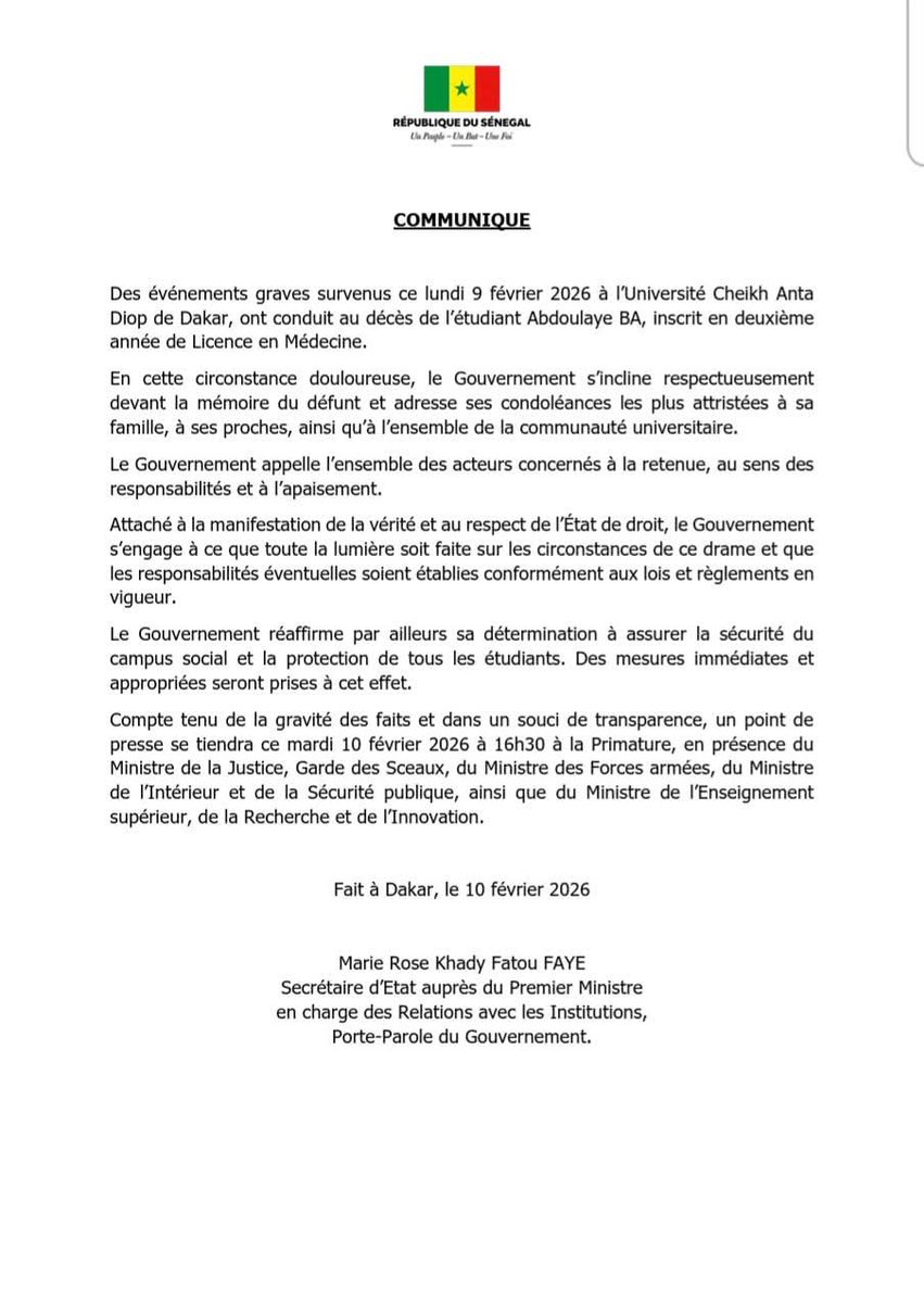Communiqué du Gouvernement du Sénégal
