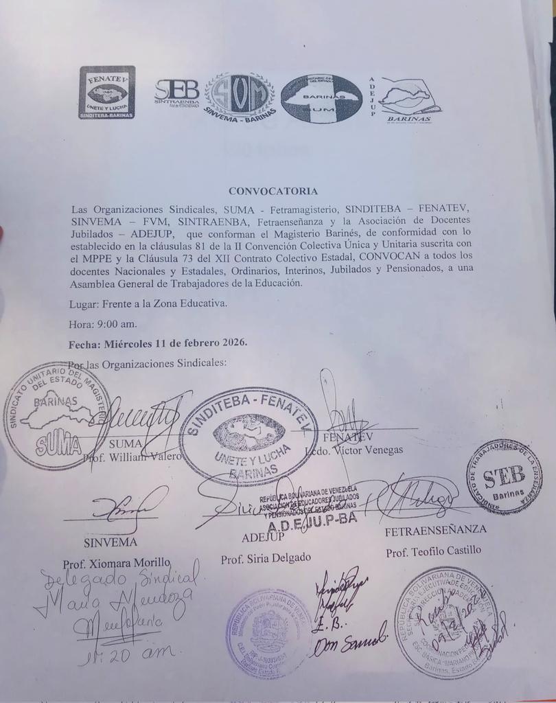 Magisterio de #Barinas a Asamblea General este #Miercoles11
El aumento salarial se conquista luchando organizadamente. 
¡Magisterio nacional y regional, a preparar tu asamblea general!