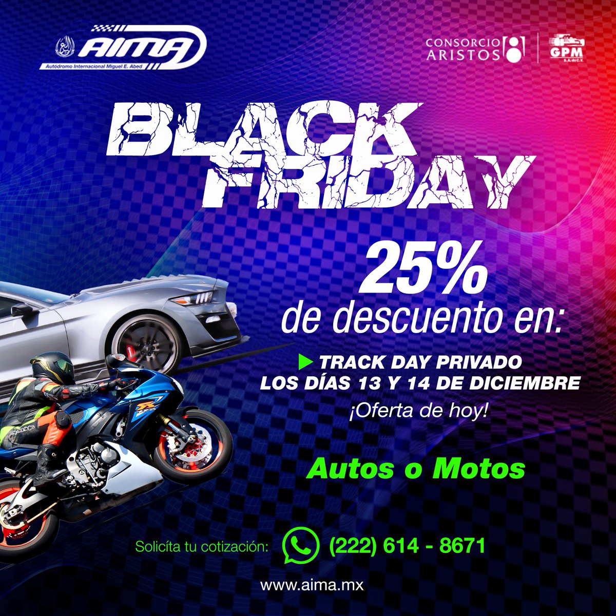 Arma tu TRACK DAY PRIVADO para autos  o mostos. Ven con tus amigos a correr en pista de forma profesional 20% de Descuento  ¡No te lo puedes perder!

#AIMA #Puebla #Amozoc #TrackDays #Carretera