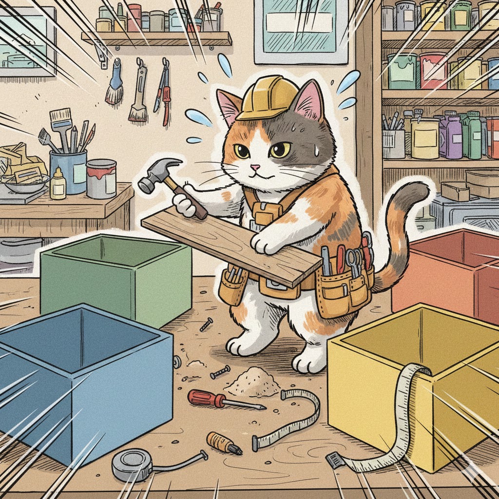 カラーボックスにキャスターを付けて、作業台兼部品保管庫兼工具保管庫兼不燃ゴミ入れを作りましたのニャ。