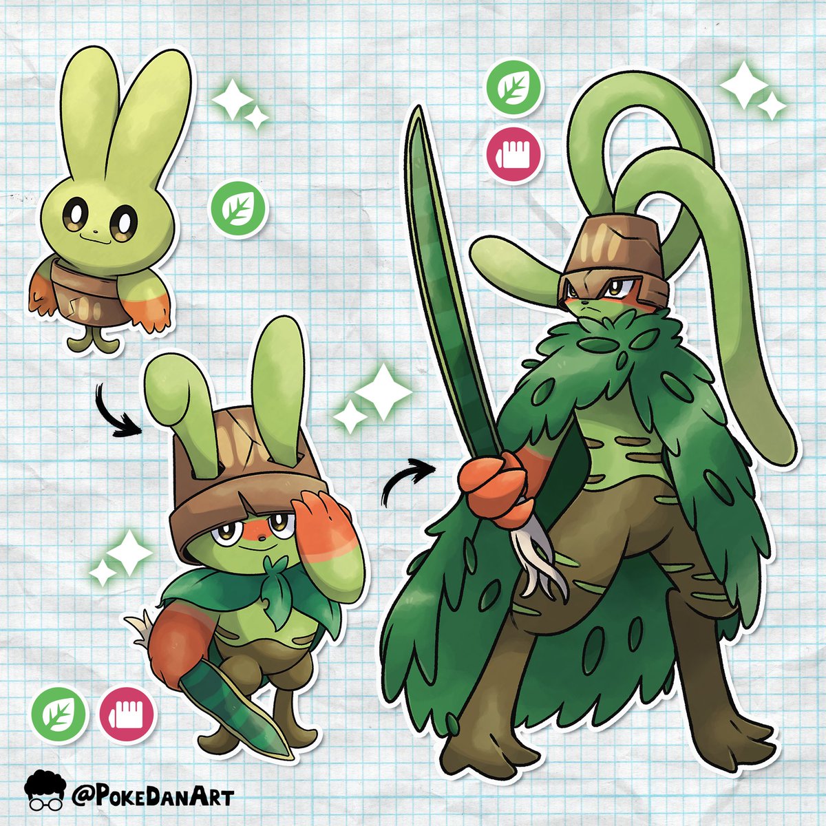 Rabbit Knight! 🐇🪴⚔️
Three-stage evolution line inspired by bunny ear succulents, medieval knights, and the Saint George’s sword/Snake plant!

Now available for adoption!

#Pokemon #Fakemon #Art