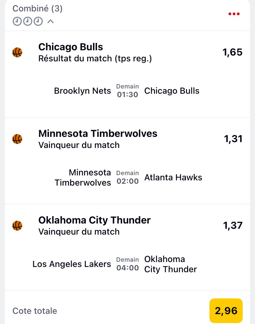 2,35🎯

1,74🎯

2,96🎯

Les gars on va démarrer la soirée NBA avec ces 3 bet à tenter, je vous ai posté le palier 3 dans le groupe privé🔥