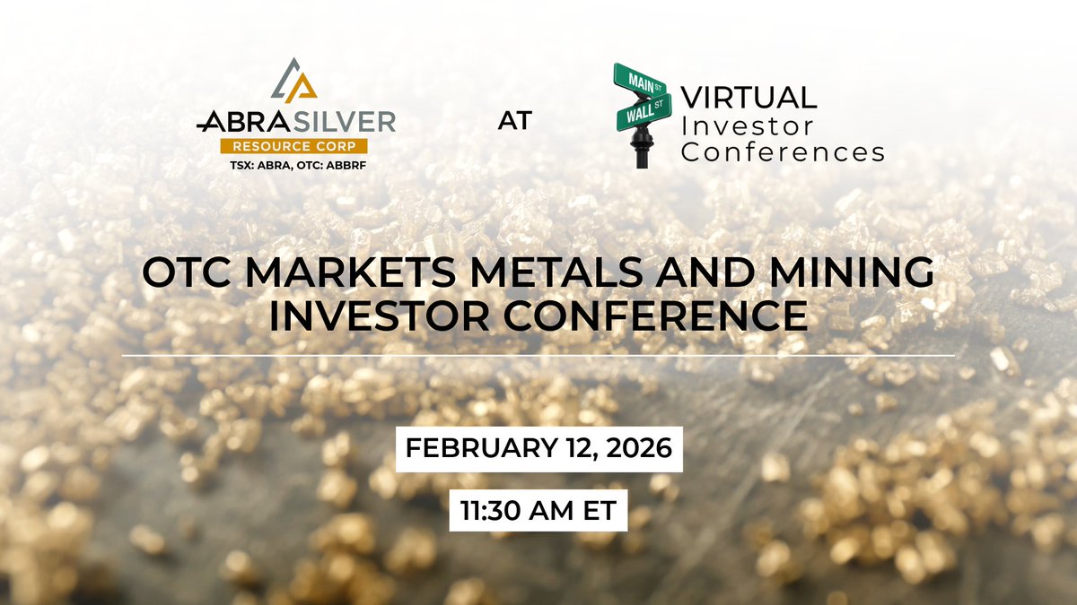 AbraSilver's tweet photo. 📣Upcoming Conference Alert!

We are pleased to announce that AbraSilver will presenting at the @OTCMarkets Virtual Investor Conference.

🗓️ Date: Feb 12

🕚 Time: 11:30 AM ET

🔗 Register here: https://t.co/JmS5se5k3l https://t.co/tV5TL96SKV