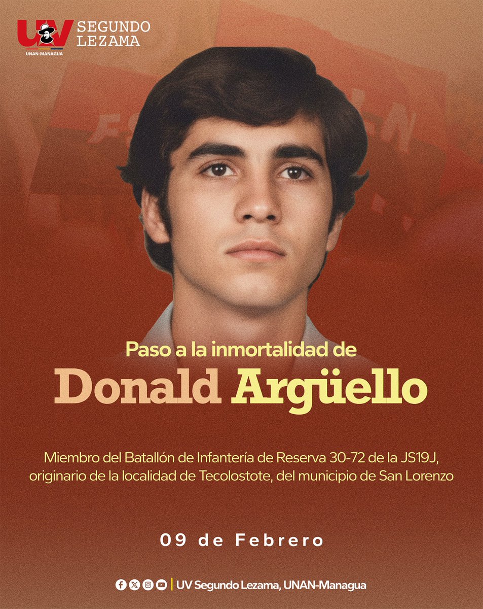 Paso a la inmortalidad del Cro. Donald Argüello miembro del Batallón de Infantería de Reserva 30 - 72 de la Juventud Sandinista 19 de Julio.

¡Honor y gloria a nuestros héroes y mártires!

#SomosUNAN
#ManaguaSandinista